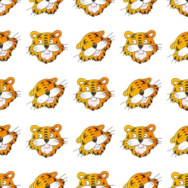 Kaplan yüzlü kusursuz vektör deseni. Kalıplar el çekme tarzında. 2022 yılbaşı tatili. Kaplan Yılı. Kumaş, ambalaj, ambalaj kağıdı, tekstil ve benzeri şeylerde kullanılabilir.