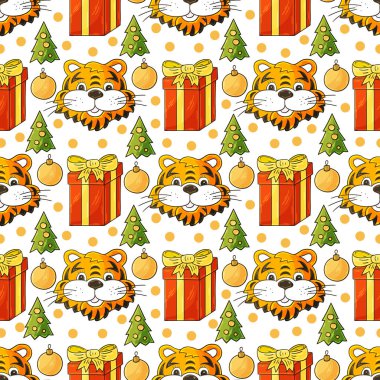 Kaplanların kafaları, Noel ağaçları ve hediyeleri olan kusursuz vektör deseni. Kalıplar el çekme tarzında. 2022 yılı kaplanı. Kumaş, ambalaj, ambalaj kağıdı, tekstil ve benzeri şeylerde kullanılabilir.