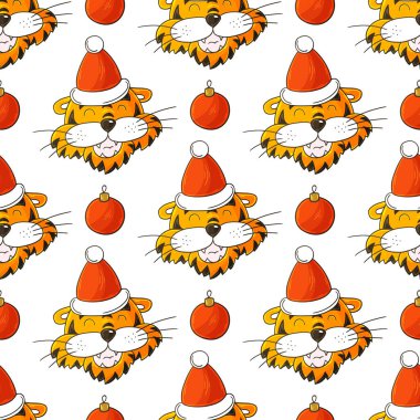 Noel şapkalı kaplanlı kusursuz vektör deseni. Kalıplar el çekme tarzında. 2022 yılbaşı tatili. Kaplan Yılı