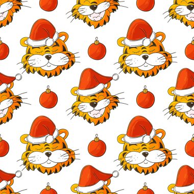 Noel şapkalı kaplanlı kusursuz vektör deseni. Kalıplar el çekme tarzında. 2022 yılbaşı tatili. Kaplan Yılı. Kumaş, ambalaj vs. için kullanılabilir