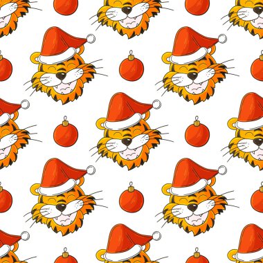 Noel şapkalı kaplanlı kusursuz vektör deseni. Kalıplar el çekme tarzında. 2022 yılbaşı tatili. Kaplan Yılı. Kumaş, ambalaj, ambalaj vs. için kullanılabilir
