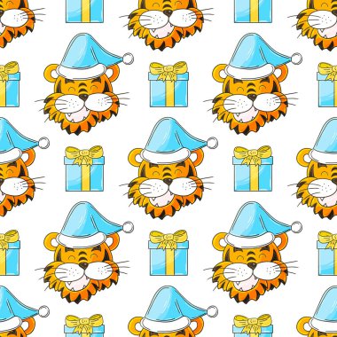 Yeni yıl şapkalarında kaplan kafası olan kusursuz vektör deseni, hediyeler. Kalıplar el çekme tarzında. 2022 yılı kaplanı. Kumaş ve benzeri şeyler için kullanılabilir.