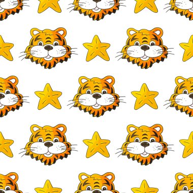 Kaplan başlı, yıldızlı kusursuz vektör deseni. Kalıplar el çekme tarzında. 2022 yılı kaplanı. Kumaş, ambalaj, ambalaj kağıdı, tekstil ve benzeri şeylerde kullanılabilir.