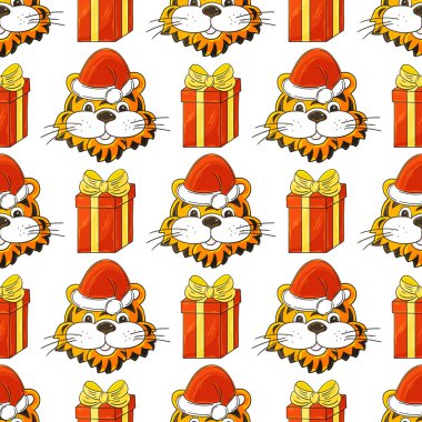 Yeni yıl şapkalarında kaplan kafası olan kusursuz vektör deseni, hediyeler. Kalıplar el çekme tarzında. 2022 yılı kaplanı. Kumaş, ambalaj, ambalaj kağıdı, tekstil ve benzeri şeylerde kullanılabilir.