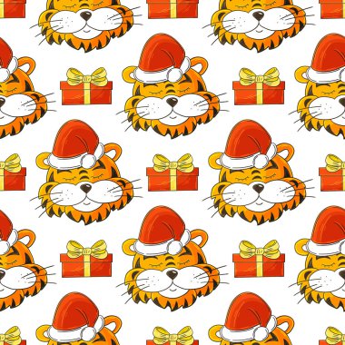 Yeni yıl şapkalarında kaplan kafası olan kusursuz vektör deseni, hediyeler. Kalıplar el çekme tarzında. 2022 yılı kaplanı. Kumaş, ambalaj, ambalaj kağıdı vs. için kullanılabilir