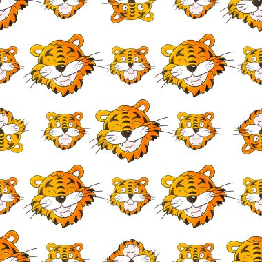 Kaplan başlı kusursuz vektör deseni. Kalıplar el çekme tarzında. 2022 yılı kaplanı. Kumaş ve benzeri şeyler için kullanılabilir.