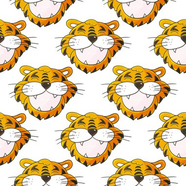 Kaplan Yılı. Kaplan yüzlü kusursuz vektör deseni. Kalıplar el çekme tarzında. 2022 yılbaşı tatili. Kumaş, ambalaj, ambalaj vs. için kullanılabilir