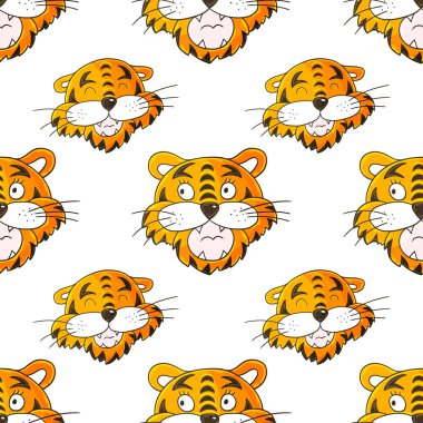 Kaplan Yılı. Kaplan yüzlü kusursuz vektör deseni. Kalıplar el çekme tarzında. 2022 yılbaşı tatili. Kumaş, ambalaj, ambalaj kağıdı, tekstil ve benzeri şeylerde kullanılabilir.