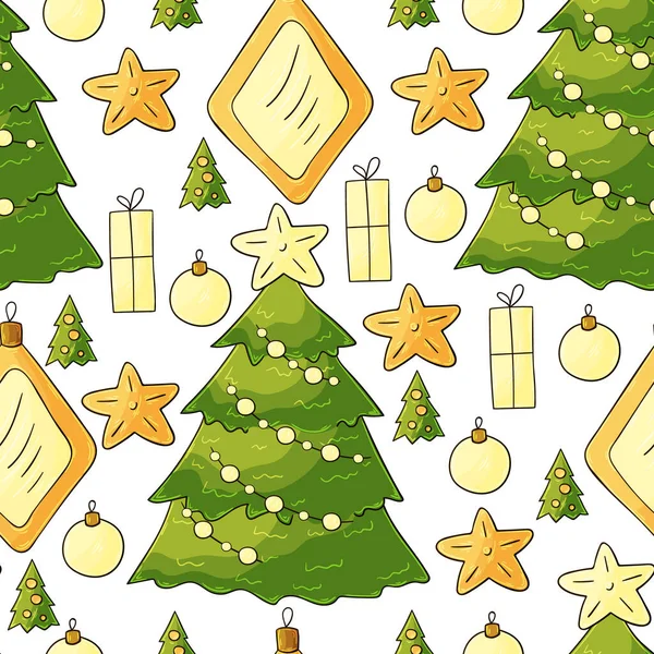 Nouvel Modèle Vectoriel Sans Couture Avec Étoiles Décorations Arbres Noël — Image vectorielle