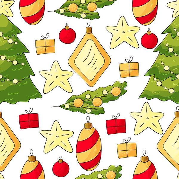 クリスマスツリーの装飾とシームレスなベクトルパターン 手描き風の模様 包装紙 織物などに使用できます — ストックベクタ