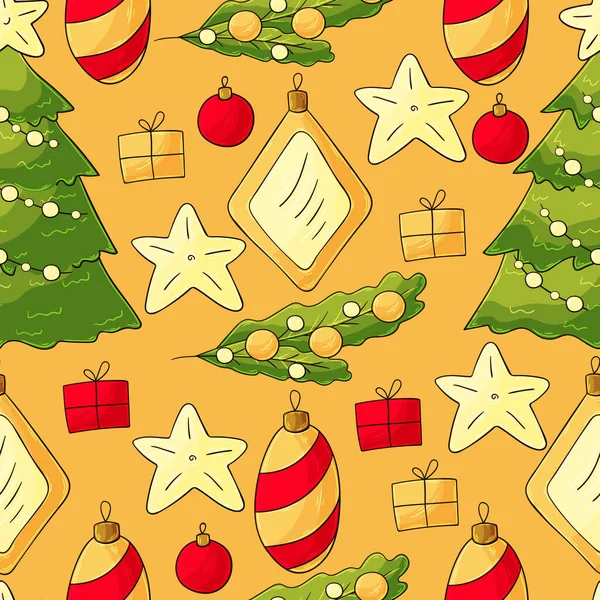 Nieuwjaar Naadloze Vector Patroon Met Sterren Kerstboom Decoraties Patroon Hand — Stockvector