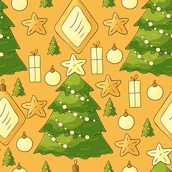 Nouvel Modèle Vectoriel Sans Couture Avec Étoiles Décorations Arbres Noël — Image vectorielle