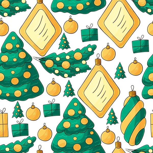 Nieuwjaarsfeestdagen Naadloze Vector Patroon Met Kerstboom Decoraties Geschenken Patroon Hand — Stockvector