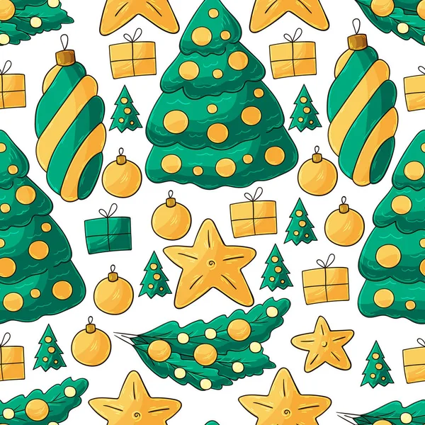 Nieuwjaarsfeestdagen Naadloze Vector Patroon Met Sterren Kerstboom Decoraties Patroon Hand — Stockvector