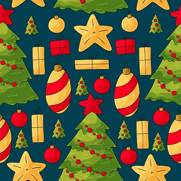 Újévi Ünnepek Zökkenőmentes Vektor Minta Csillagokkal Karácsonyfa Dekoráció Kézzel Rajzolt — Stock Vector