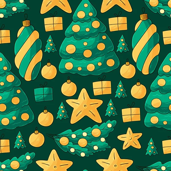 New Year Holidays Seamless Vector Pattern Stars Christmas Tree Decorations — Stock Vector