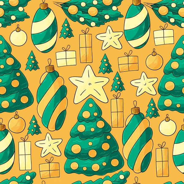 Patroon Hand Trekken Stijl Naadloze Vector Patroon Met Kerstboom Decoraties — Stockvector