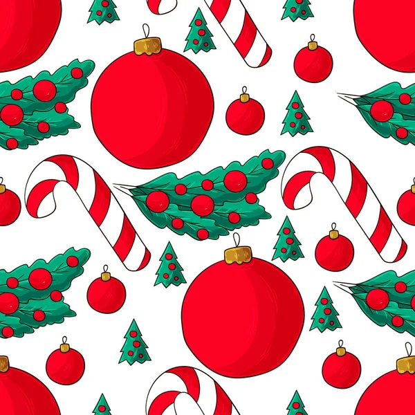 Padrão Vetor Sem Costura Com Cana Açúcar Decorações Árvore Natal — Vetor de Stock