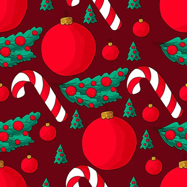 Patrón Vector Sin Costuras Con Bastón Caramelo Decoraciones Árboles Navidad — Vector de stock