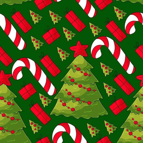 Şekerli Kusursuz Vektör Deseni Hediyeler Noel Arkaplanı Kalıplar Çekme Tarzında — Stok Vektör