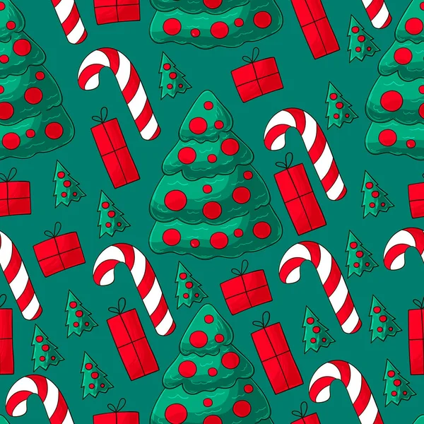 Modèle Vectoriel Sans Couture Avec Canne Bonbons Cadeaux Fond Noël — Image vectorielle