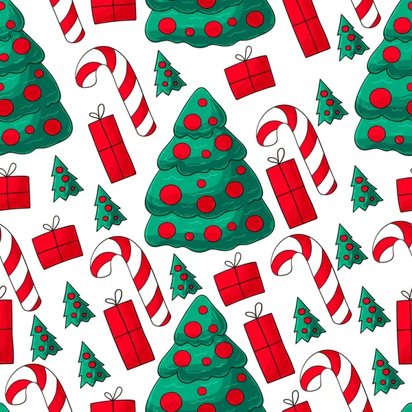 无缝线向量图案与糖果手杖 手绘图案风格 圣诞节的背景可用于面料 包装材料等方面 — 图库矢量图片