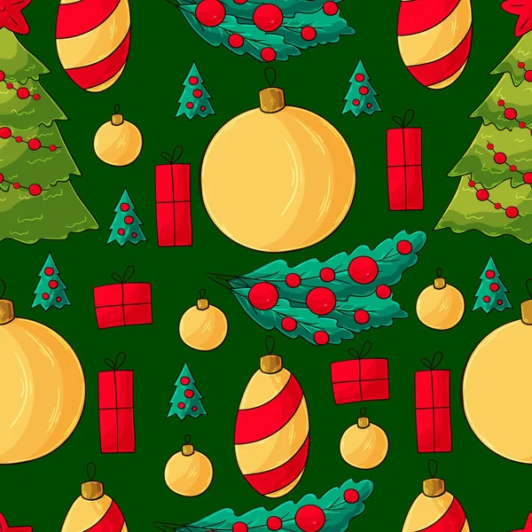 Modèle Vectoriel Sans Couture Avec Décorations Arbres Noël Cadeaux Modèle — Image vectorielle