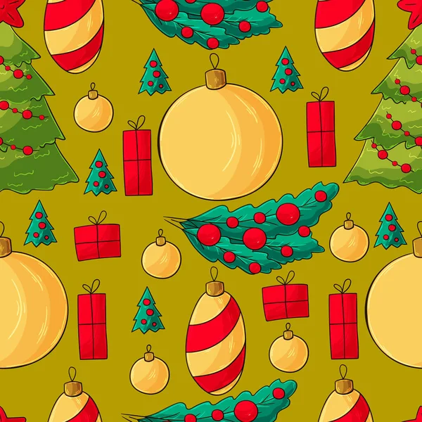 Naadloze Vector Patroon Met Kerstboom Decoraties Geschenken Patroon Hand Trekken — Stockvector