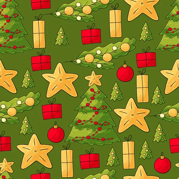 Padrão Vetor Sem Costura Com Estrelas Decorações Árvore Natal Padrão — Vetor de Stock