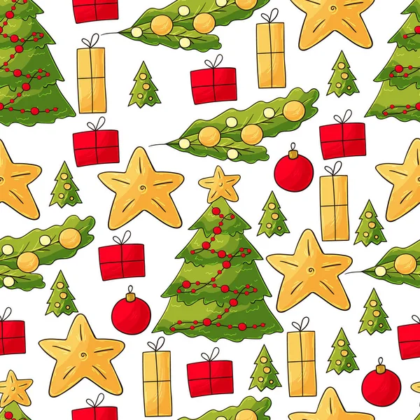 Patrón Vector Sin Costuras Con Estrellas Decoraciones Árboles Navidad Patrón — Vector de stock