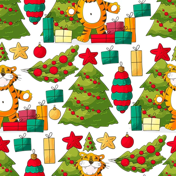 Kaplan 2022 yılı için kusursuz vektör deseni. Kalıplar el çekme tarzında. Kaplan, Noel ağacı, hediyeler
