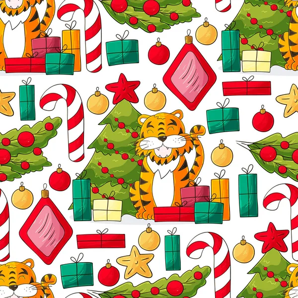 Kaplan 2022 yılı için kusursuz vektör deseni. Kalıplar el çekme tarzında. Kaplan, Noel ağacı, hediyeler, şeker kamışı. Kumaş, ambalaj, ambalaj kağıdı, tekstil ve benzeri şeylerde kullanılabilir.