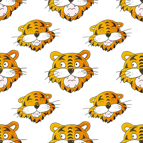 Année Tigre Modèle Vectoriel Sans Couture Avec Des Visages Tigres — Image vectorielle