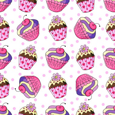 Şirin kekler, kekler. Tatlı hamur işleriyle kusursuz desen. Vektör çizimi. Puantiyeli arka plan. Paketleme, paketleme ve benzeri şeylerde kullanılabilir.