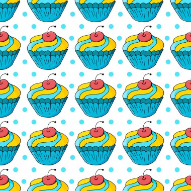 Şirin kekler, kekler. Tatlı hamur işleriyle kusursuz desen. Vektör çizimi. Puantiyeli arka plan. Paketleme için kullanılabilir.