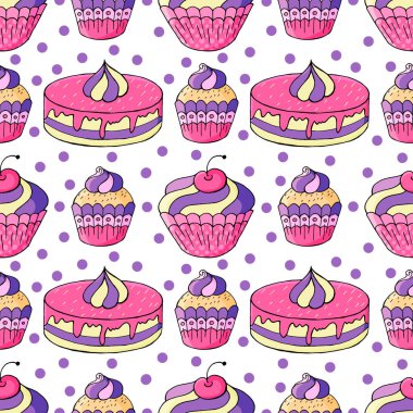 Şirin kekler, kekler. Tatlı hamur işleriyle kusursuz desen. Vektör çizimi. Puantiyeli arka plan. Paketleme, ambalaj kağıdı, tekstil ve benzeri şeylerde kullanılabilir.