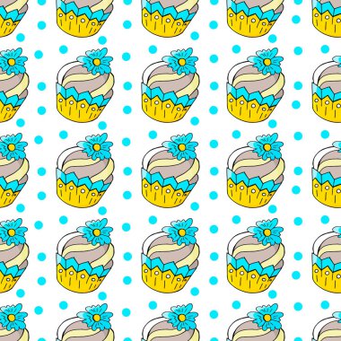Şirin kekler, kekler. Tatlı hamur işleriyle kusursuz desen. Vektör çizimi. Puantiyeli arka plan. Paketleme ve benzeri şeyler için kullanılabilir.