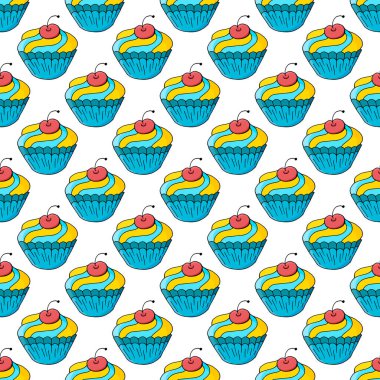 Şirin kekler, kekler. Tatlı hamur işleriyle kusursuz desen. Vektör çizimi. Kumaş, ambalaj, duvar kağıdı dekoratif