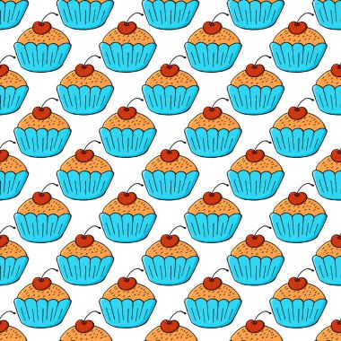 Şirin kekler, kekler. Tatlı hamur işleriyle kusursuz desen. Vektör çizimi. Kumaş, ambalaj, duvar kağıdı dokusu