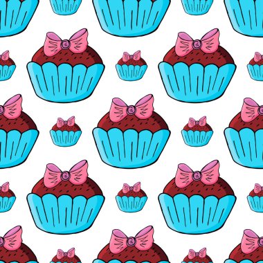 Şirin kekler, kekler. Tatlı hamur işleriyle kusursuz desen. Vektör çizimi. Kumaş dokusu