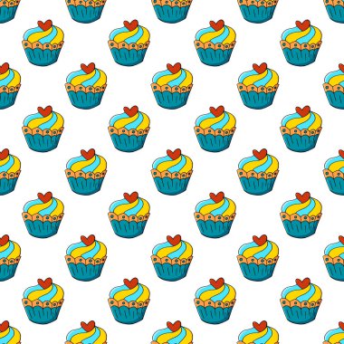 Şirin kekler, kekler. Tatlı hamur işleriyle kusursuz desen. Vektör çizimi. Kumaş dokusu, sarma