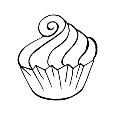 Kekin doğrusal simgesi, el yapımı kek. Tasarımınız için vektör illüstrasyonu. Taslak çizim, boyama kitabı. İmzala, simge, etiket