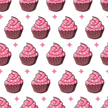 Tatlı hamur işleriyle kusursuz desen. Vektör çizimi. Şirin kekler, kekler. Yıldızlı arka plan. Paketleme, ambalaj kağıdı, tekstil ve benzeri şeylerde kullanılabilir.