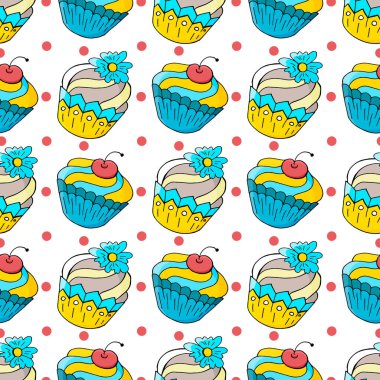 Tatlı hamur işleriyle kusursuz desen. Vektör çizimi. Şirin kekler, çiçekli vişneli kekler. Dekoratif baskı polka noktaları