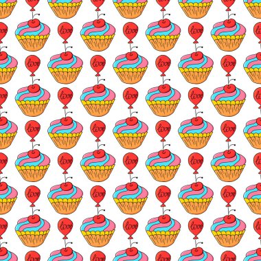 Tatlı hamur işleriyle kusursuz desen. Vektör çizimi. Şirin kekler, kirazlı kekler, balonlar.