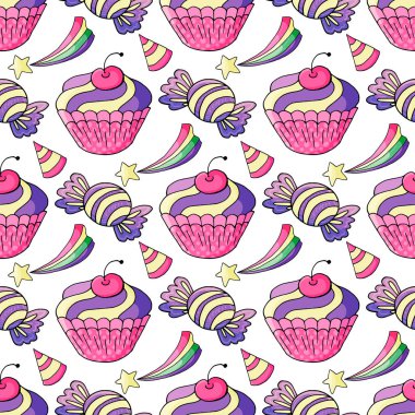 Tatlı hamur işleriyle kusursuz desen. Vektör çizimi. Şirin kekler, kekler, şekerler. Doğum günü, kapak dekoratif baskı