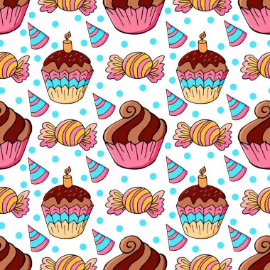 Tatlı hamur işleriyle kusursuz desen. Vektör çizimi. Şirin kekler, kekler, şekerler. Doğum günü kapağı Dekoratifi