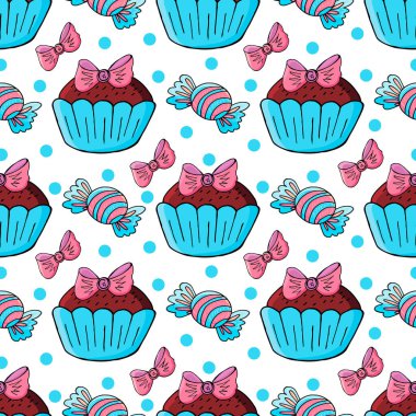 Tatlı hamur işleriyle kusursuz desen. Vektör çizimi. Şirin kekler, kekler, şekerler. Paketleme ve benzeri şeyler için kullanılabilir.