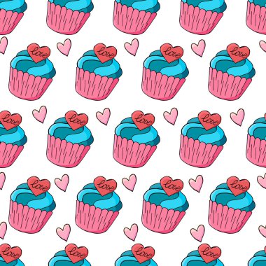 Tatlı hamur işleriyle kusursuz desen. Vektör çizimi. Şirin kekler, kekler. Kalpli arka plan. Kumaş dokusu