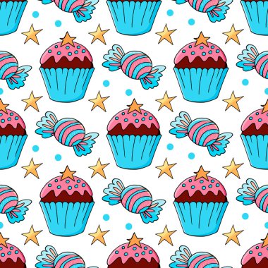 Tatlı hamur işleriyle kusursuz desen. Vektör çizimi. Şirin kekler, kekler. Yıldızlı arka plan. Paketleme ve benzeri şeyler için kullanılabilir.